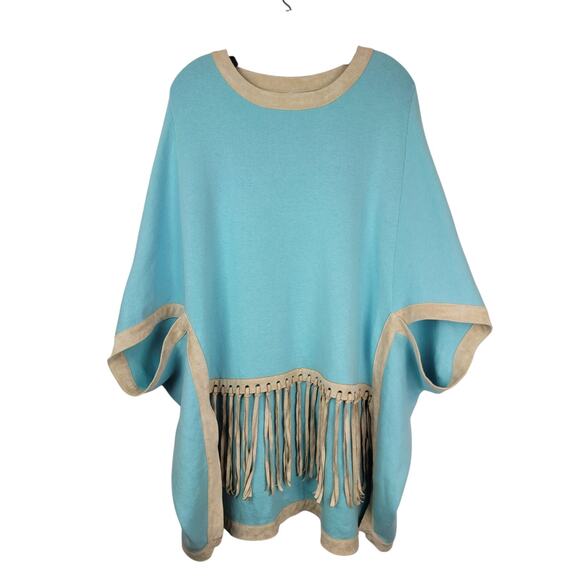 Tyler Boe NWT Women's Teal Turquoise Beige Fringe Cashmere Bland Poncho Sz XS/S - Picture 1 of 11